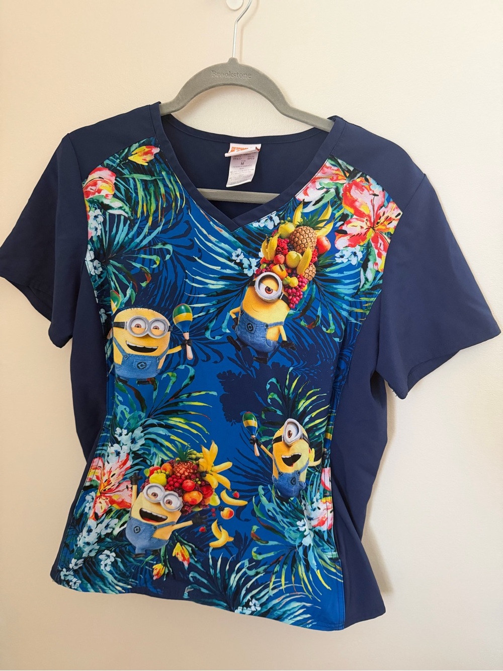 Universal Despicable Me Navy V-Neck Scrub Top with Tropical Minion Print